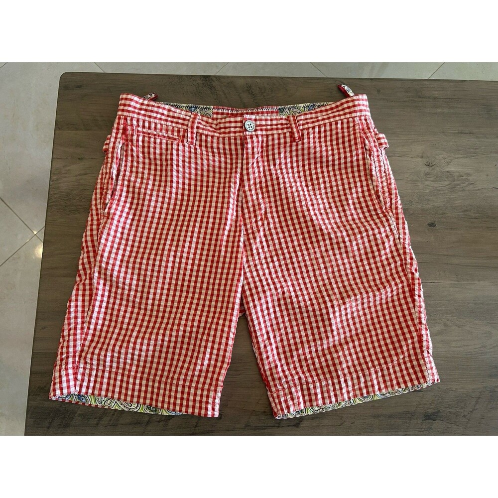 Robert Graham Shorts Classic Fit Red Gingham Seersucker Flat Front Size 32